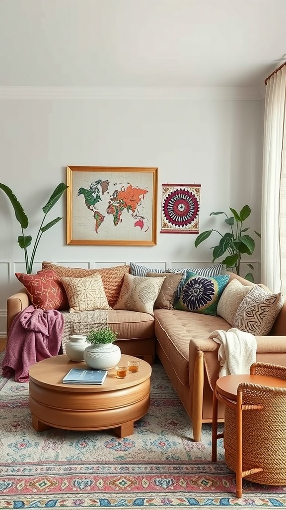 A cozy boho living room with patterned throw pillows, a round coffee table, plants, and colorful decor.