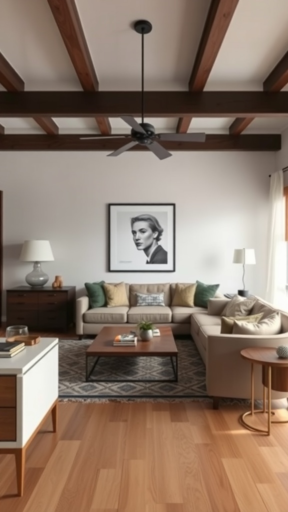 A stylish living room featuring a blend of vintage and modern furniture, including a contemporary sofa and an antique coffee table.