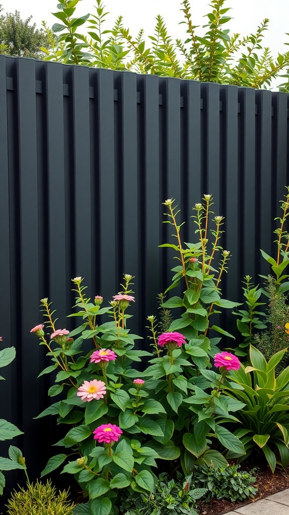 A modern black garden fence with vertical slats and colorful flowers in front.