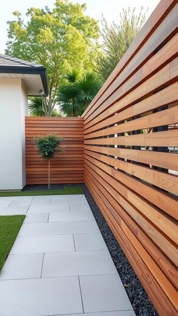 Modern minimalist slatted fence panels with greenery and paved pathway