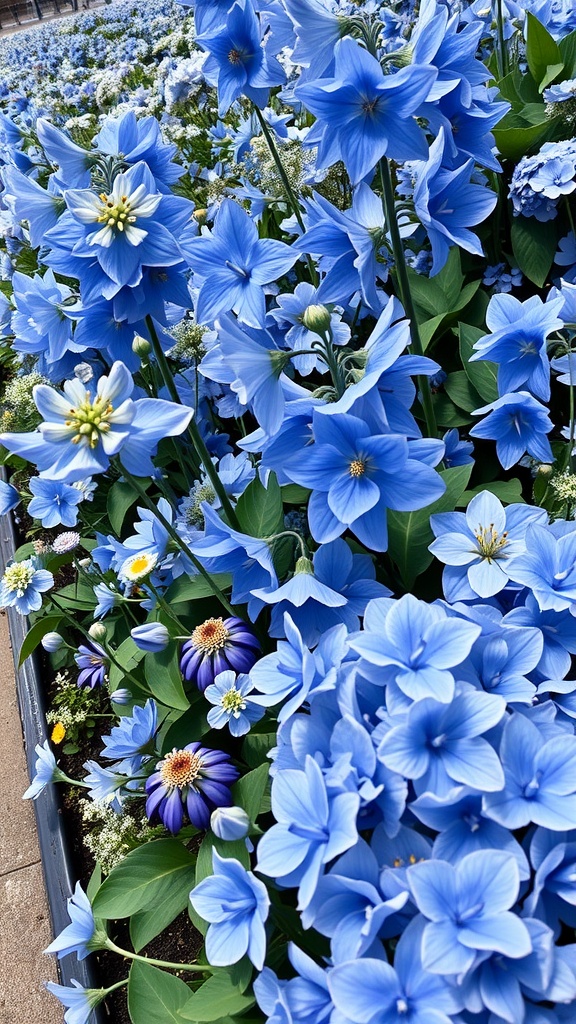 A beautiful display of various blue flowers in a flower bed.