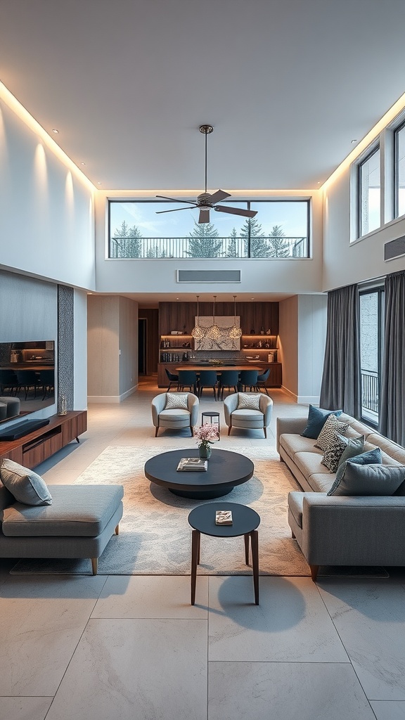 A spacious and modern living room featuring comfortable seating, a stylish coffee table, and large windows.
