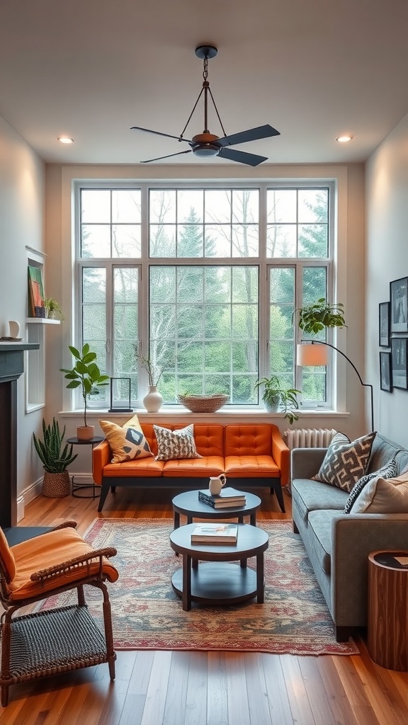 A warm, multi-functional living room with a cozy atmosphere, featuring a mix of seating and decorative elements.