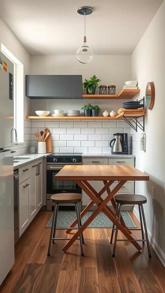 A small kitchen featuring a folding wooden table with two stools, open shelves, and modern appliances.
