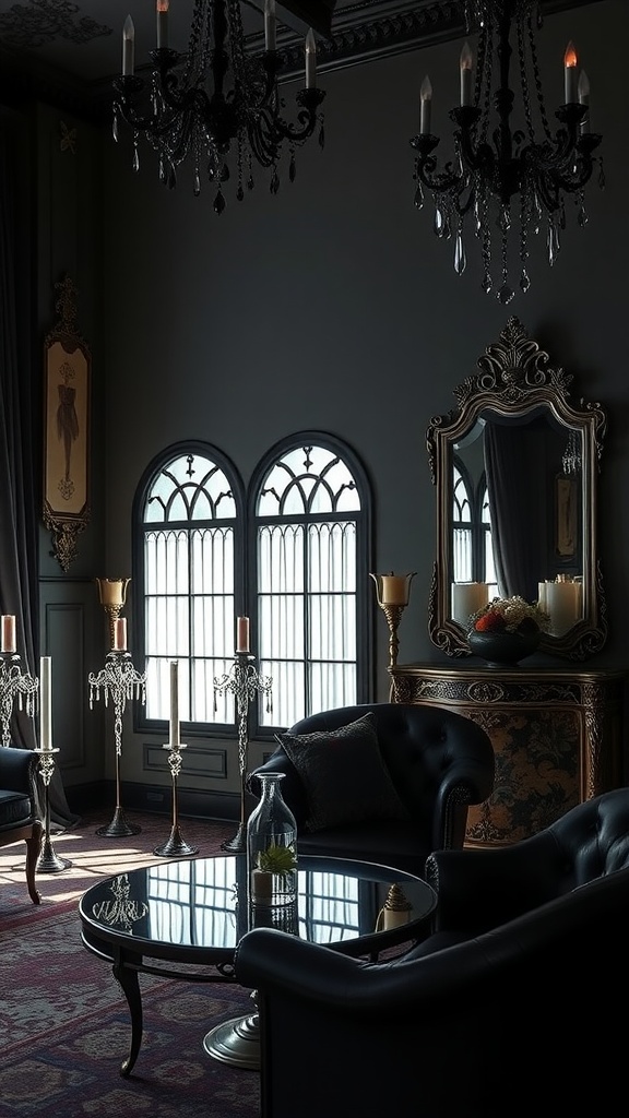 A gothic living room featuring dark walls, plush furniture, an ornate mirror, and glass accents.