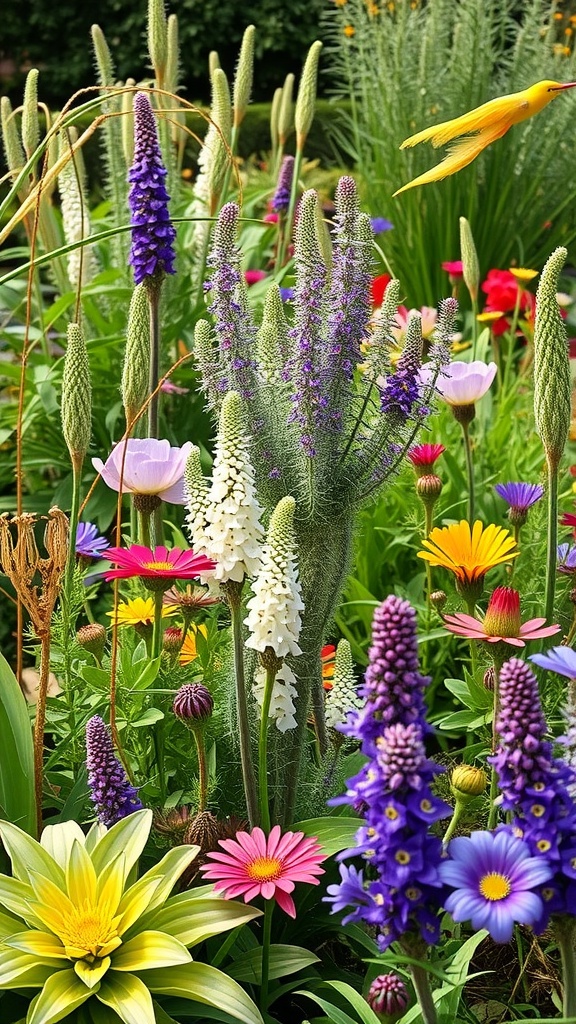 Vibrant native plant garden with colorful flowers including purple, pink, yellow, and white blooms.