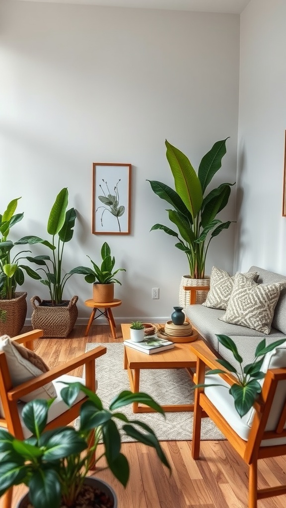 A cozy living room with plants and wooden furniture.