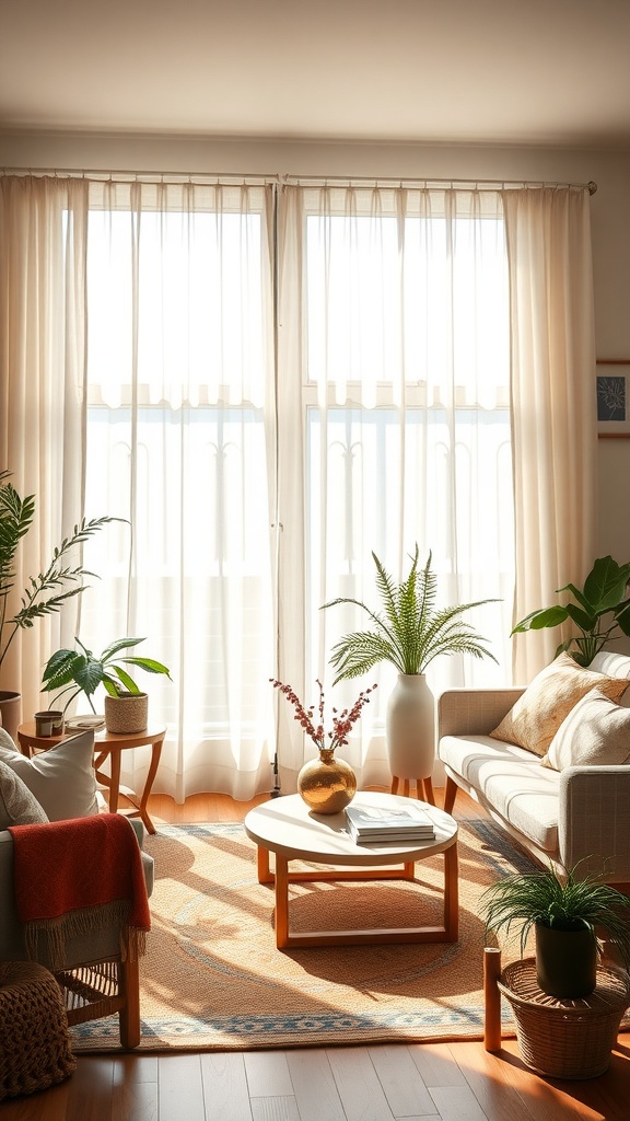 A cozy boho living room with sheer curtains allowing natural light to illuminate the space.