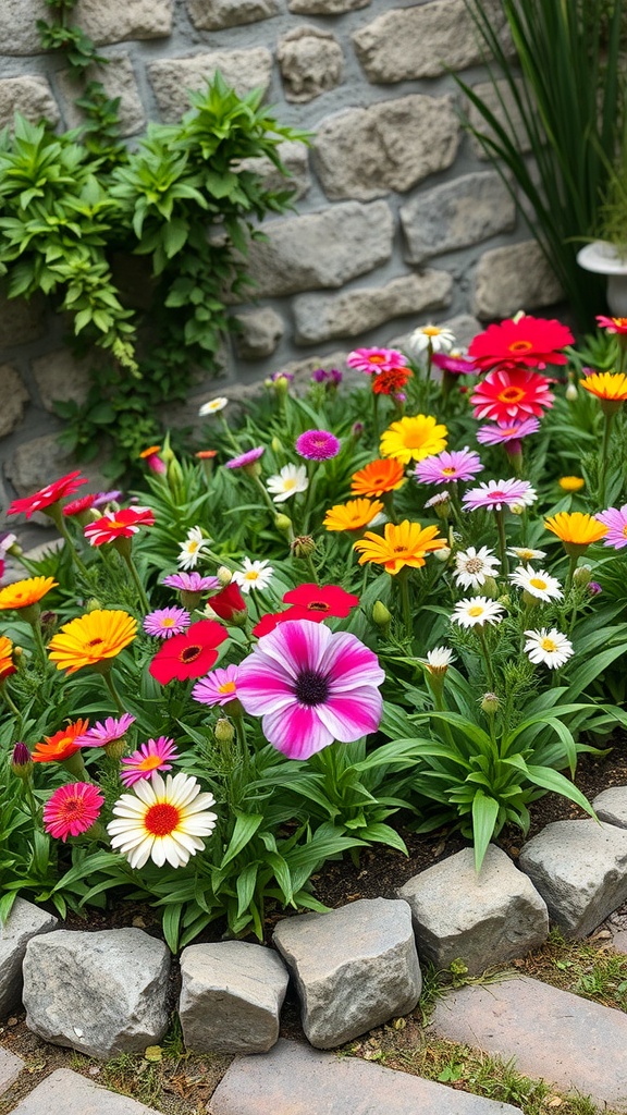 A vibrant flower bed bordered by natural stones, featuring a variety of colorful flowers.