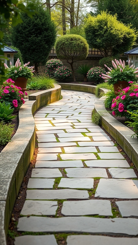 A winding natural stone pathway surrounded by colorful flowers and lush greenery.