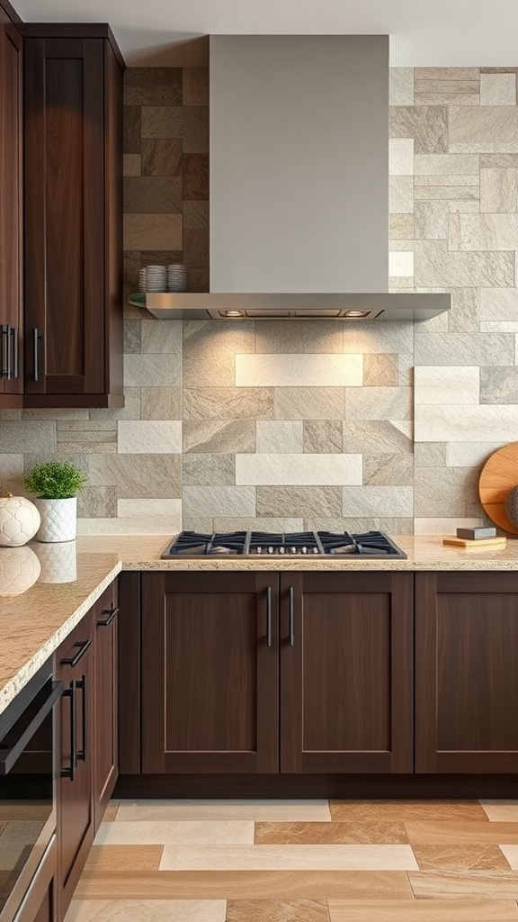 A modern kitchen featuring a natural stone backsplash with various shades and textures.