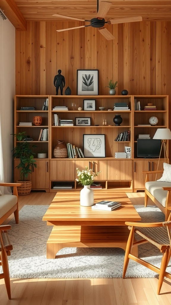 A cozy living room with natural wood accents, featuring wooden shelves, a coffee table, and wooden beams.