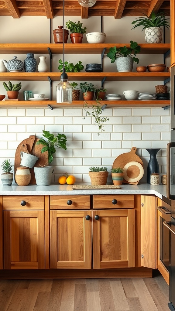 A cozy kitchen with natural wood accents and plants on shelves.