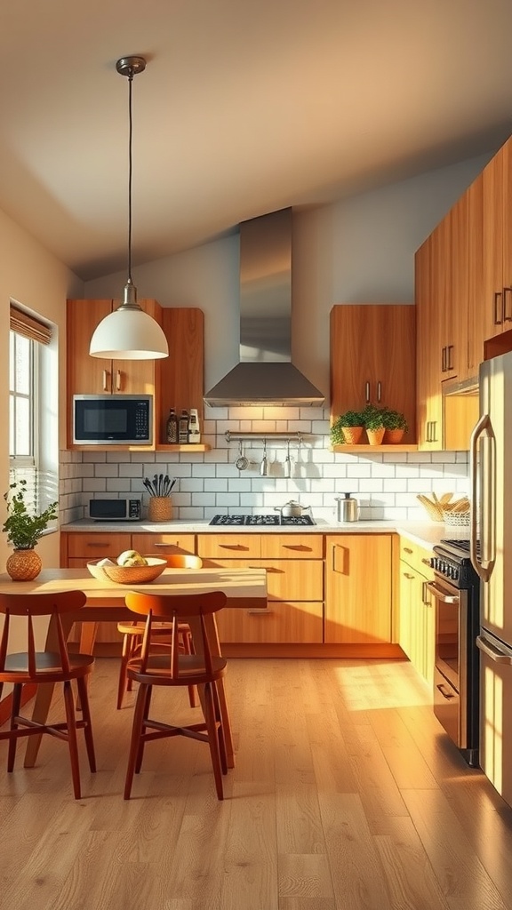 Mid-century modern kitchen with natural wood finishes and warm lighting