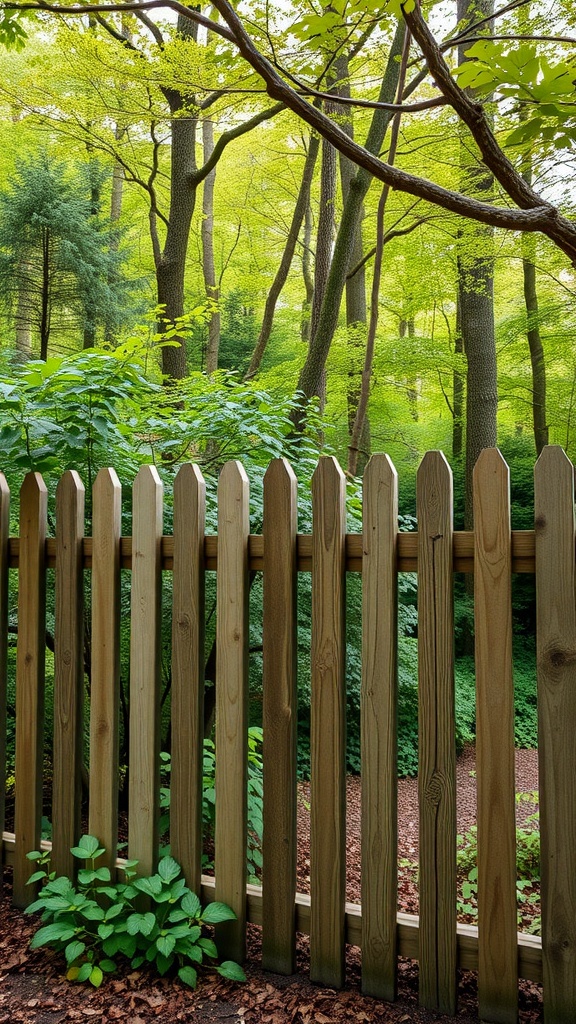 A natural wood fence in a lush green forest setting.