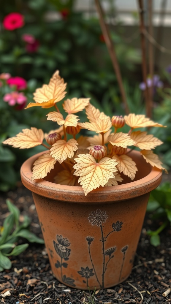 A terracotta flower pot with floral designs, containing vibrant foliage.