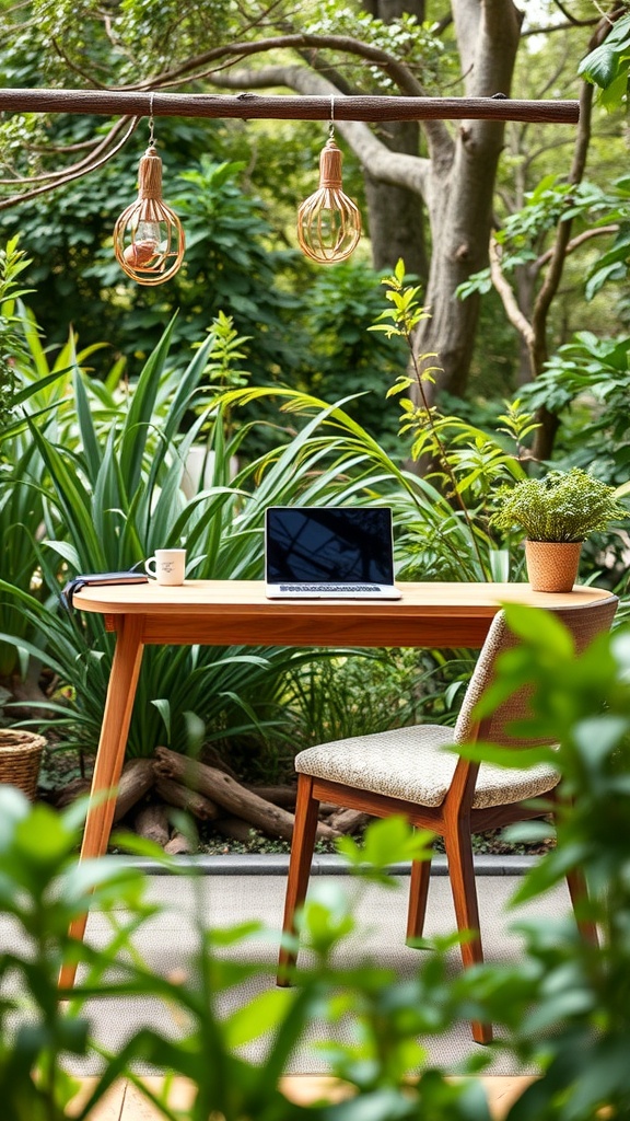 Cozy outdoor workspace with a wooden desk, laptop, and hanging lights surrounded by greenery.