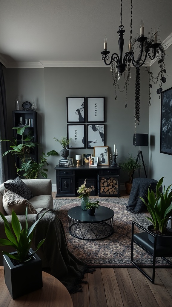 Gothic living room with dark furniture, plants, and intricate chandelier