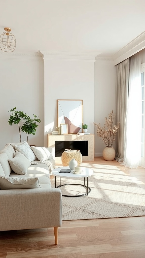 A bright living room featuring a neutral color palette with a cozy sofa, coffee table, and plants.