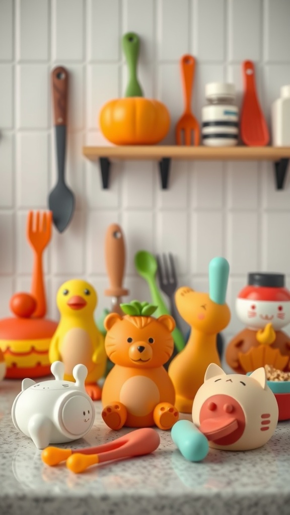 A collection of cute, colorful novelty kitchen gadgets including animal-shaped utensils and a pumpkin-shaped item.