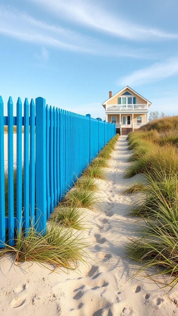 A bright ocean blue fence along a sandy path leading to a beach house, surrounded by green grass.