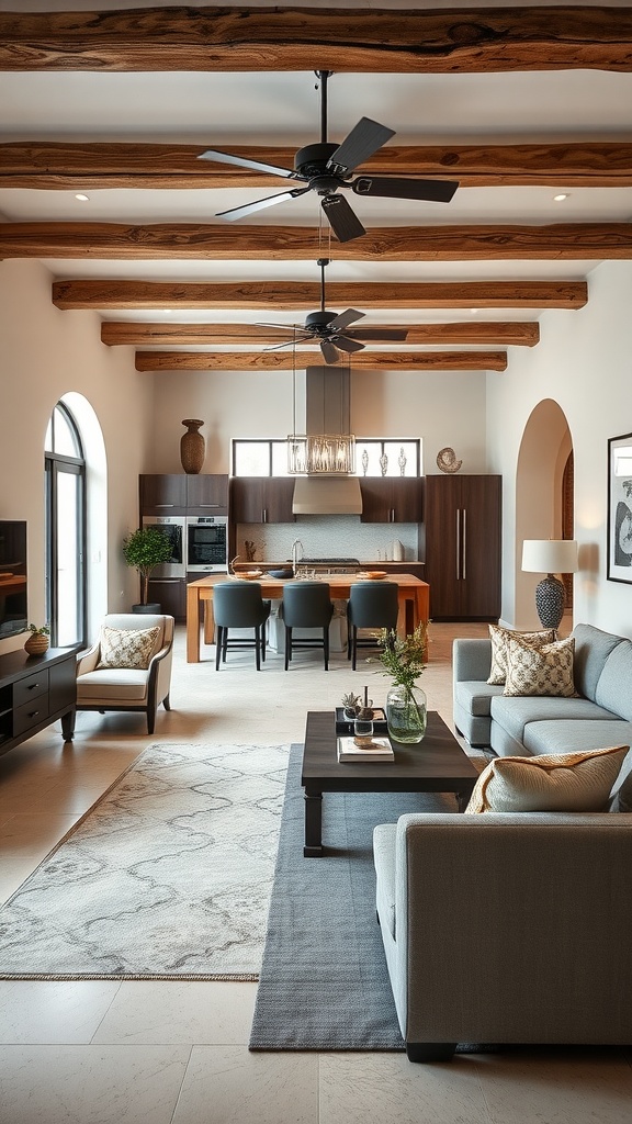 An open concept living room featuring wooden beams, a cozy sofa, and a modern kitchen