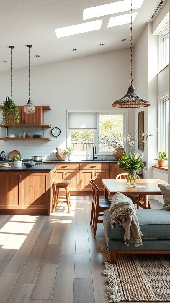 A bright, open-concept kitchen with wooden cabinets, a cozy dining area, and stylish decor.