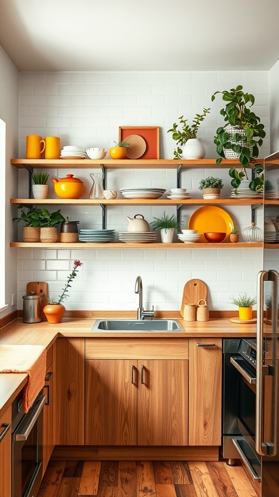 A modern kitchen with open shelving displaying colorful dishes and plants.