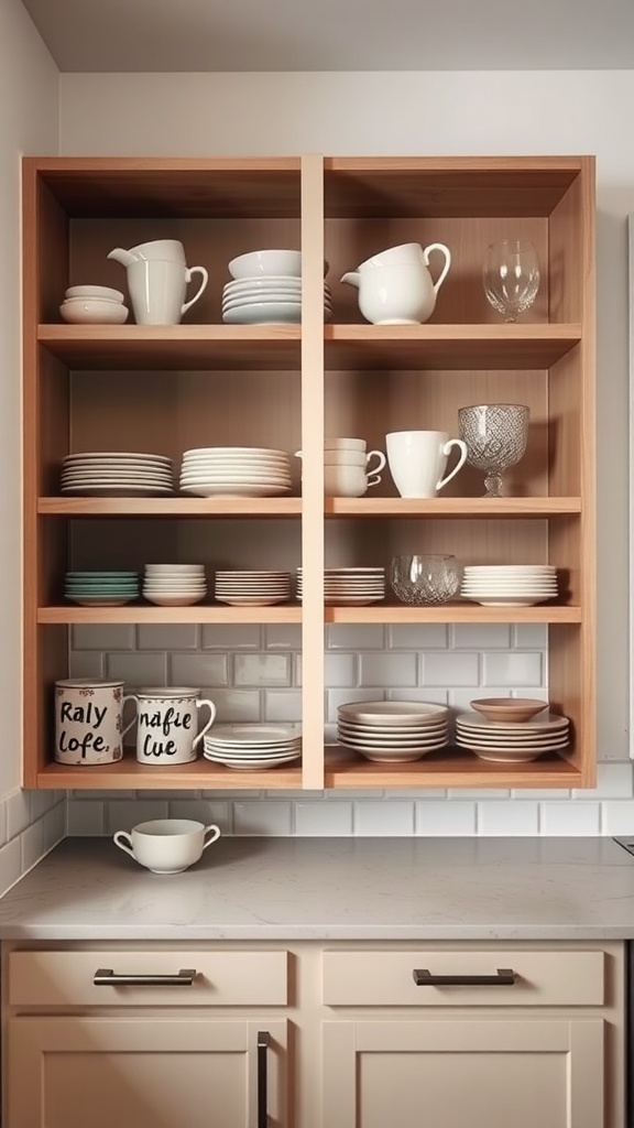 Open wooden shelves displaying white plates, mugs, and glasses in a small kitchen setting.