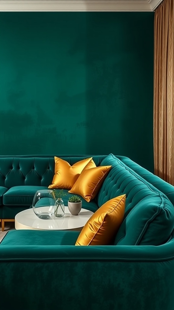 A luxurious living room featuring a plush teal velvet sofa with golden cushions and a modern coffee table.