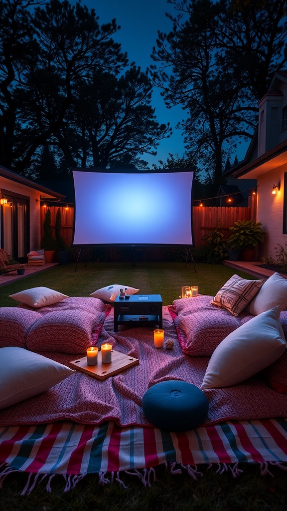 Cozy outdoor movie night setup with pillows, blanket, projector, and candles.
