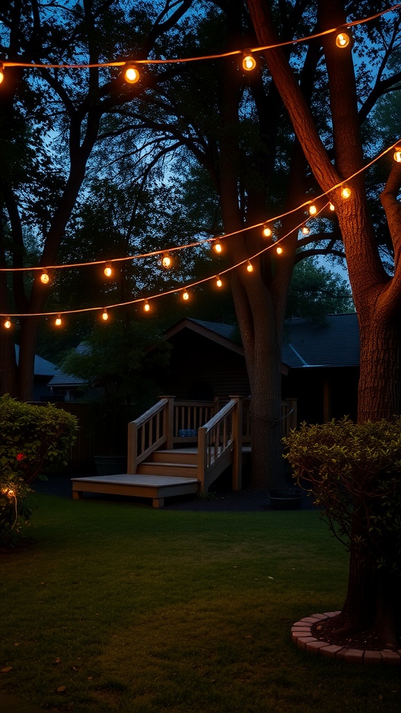Backyard with string lights hanging between trees, creating a warm and inviting atmosphere at night.