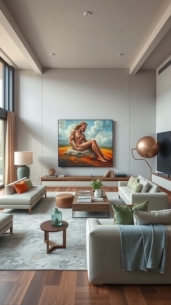 A bright living room featuring oversized art and contemporary furniture.