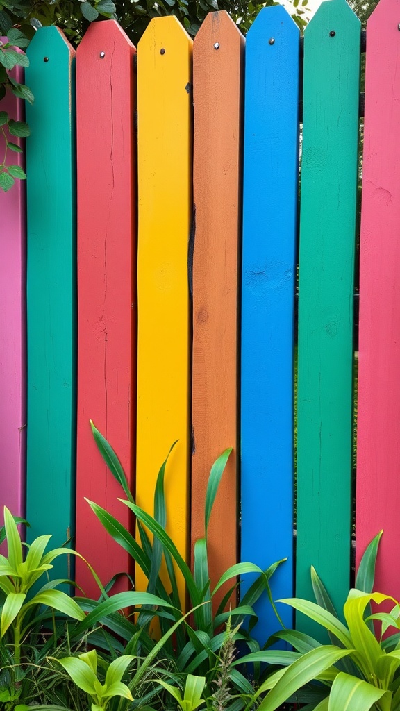 A colorful slatted fence featuring pink, green, yellow, blue, and orange panels, surrounded by lush green plants.