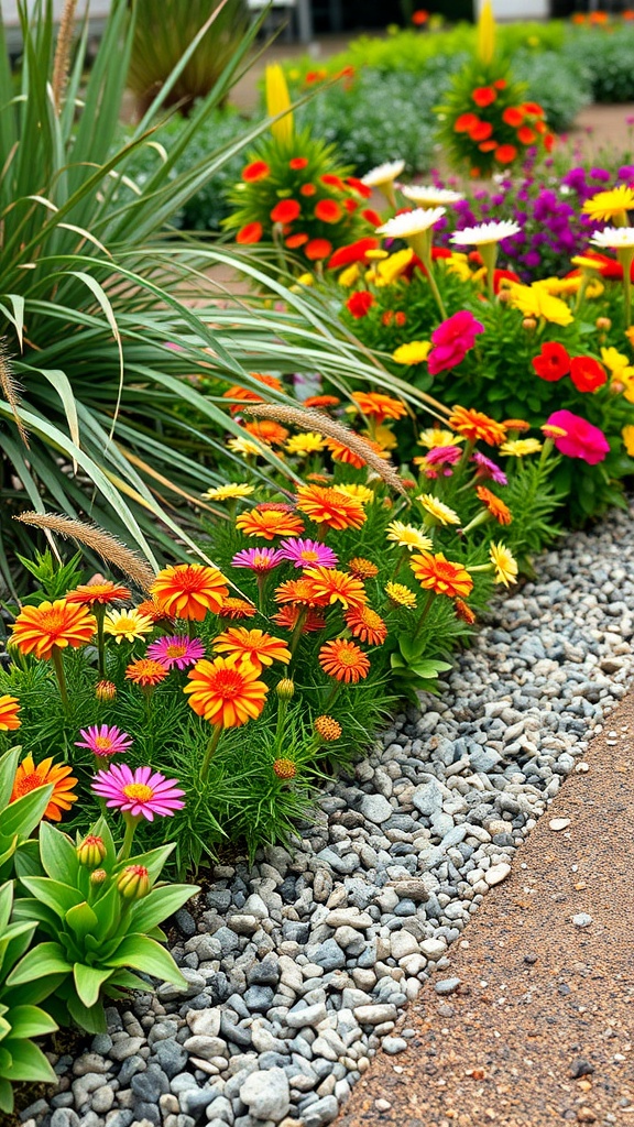 A colorful flower bed bordered with pea gravel.