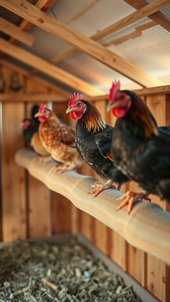 Chickens perched on a wooden beam inside a cozy chicken coop.