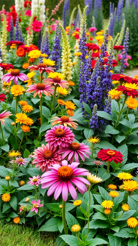 A colorful flower bed featuring various perennial flowers like echinacea and zinnias.
