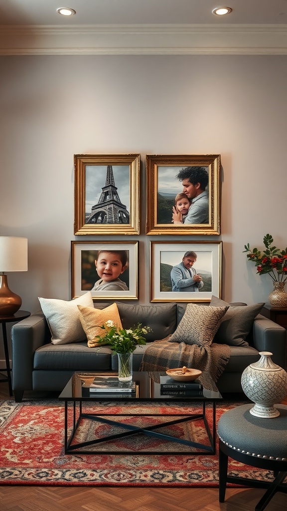 A cozy living room with framed family photos, decorative pillows, and a stylish rug.