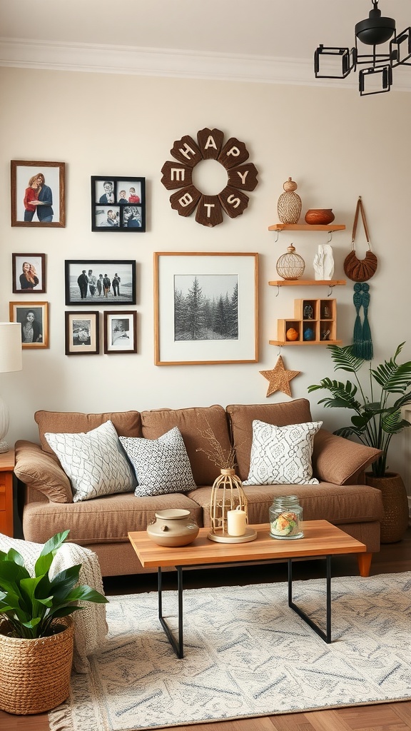 A cozy living room with personalized decor including framed photos, a wooden 'HAPPY' sign, and various decorative elements.