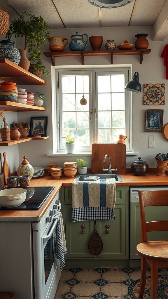A cozy boho-style kitchen with various ceramics, plants, and a warm wooden countertop.