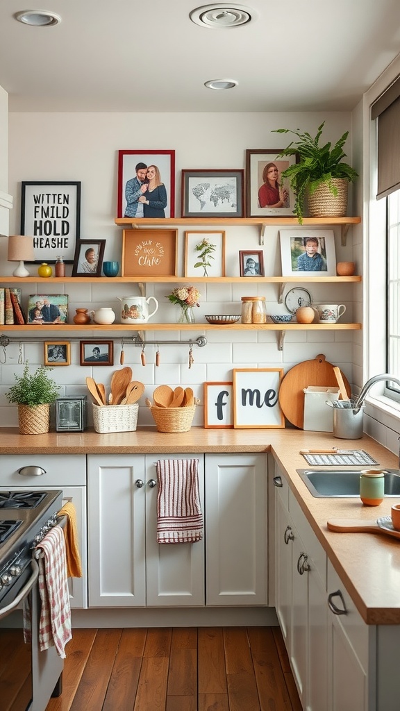A cozy kitchen with personal touches including framed photos, plants, and decorative items on wooden shelves.
