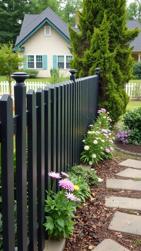 A picket style black fence with flowers and a house in the background.