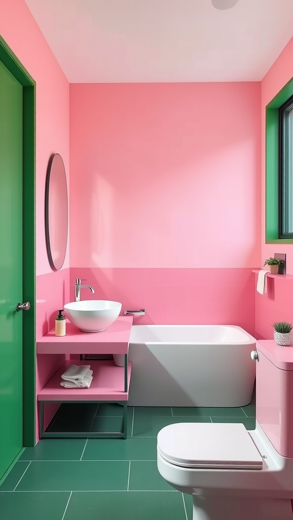 A bathroom featuring color-blocked pink walls with green accents, including a green door and window frames.