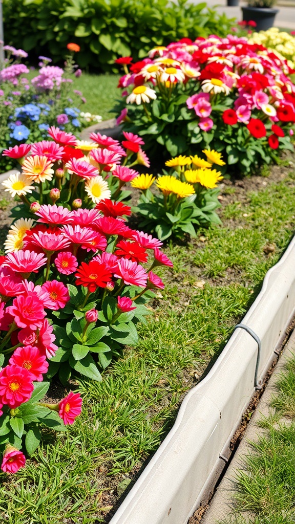 Colorful flower beds bordered by plastic edging.