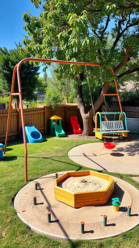 A colorful and playful children's play area with swings, slides, and a sandbox.