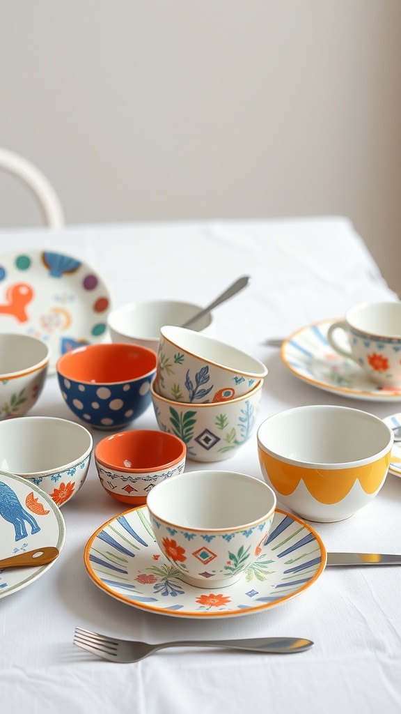 An array of colorful dishware with various playful patterns arranged on a table.
