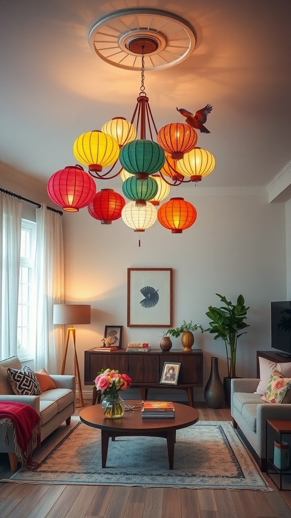 A whimsical lighting fixture made of colorful lanterns hanging in a stylish living room.