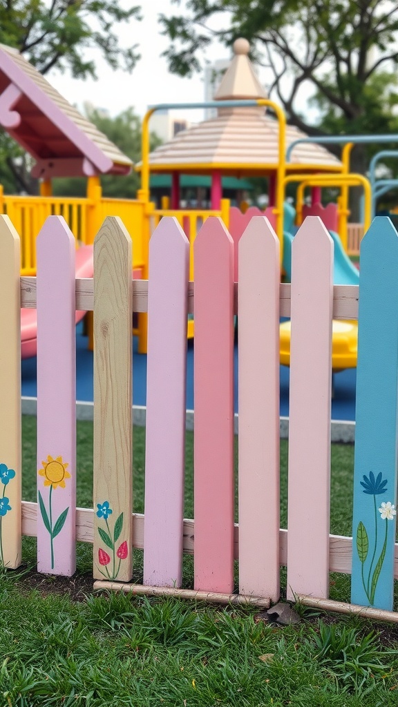 A colorful pastel fence with playful flower designs in a playground setting.