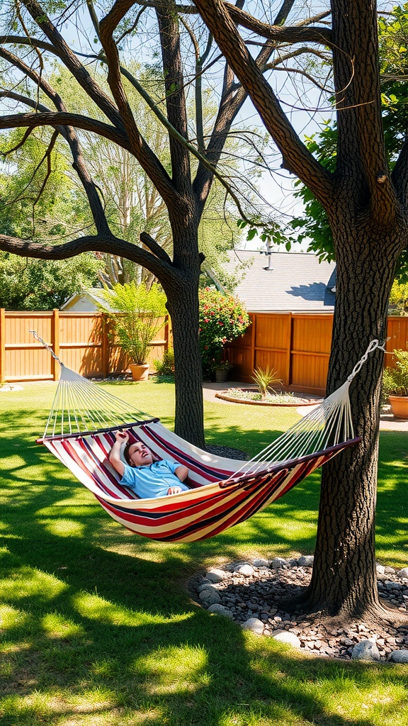 A child relaxing in a striped hammock tied between two trees in a sunny backyard.