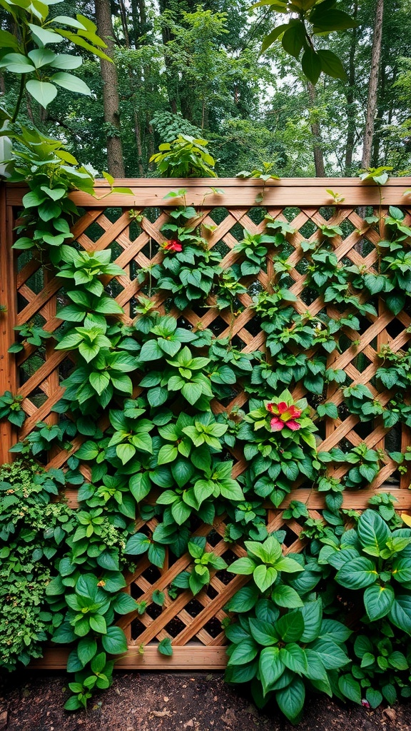 A wooden lattice fence covered in climbing plants, showcasing vibrant green leaves and a few colorful blooms.